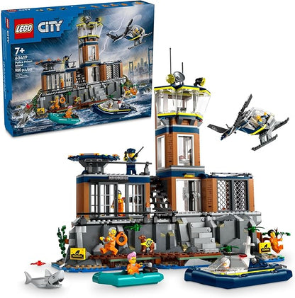 LEGO City Police Prison Island Building Set Birthday Gift for Boys and Girls Ages 7 Plus Imaginative Play Helicopter Toy Boat Toy and Dinghy 7 Minifigures with Dog and Shark 60419
