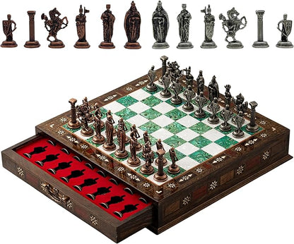 15'' Wooden Chess Set with Metal Chess Pieces – Handmade Storage Chess Board &amp British Metal Pieces – Elegant Chess Gift for All Ages – Gift for Him (Green)