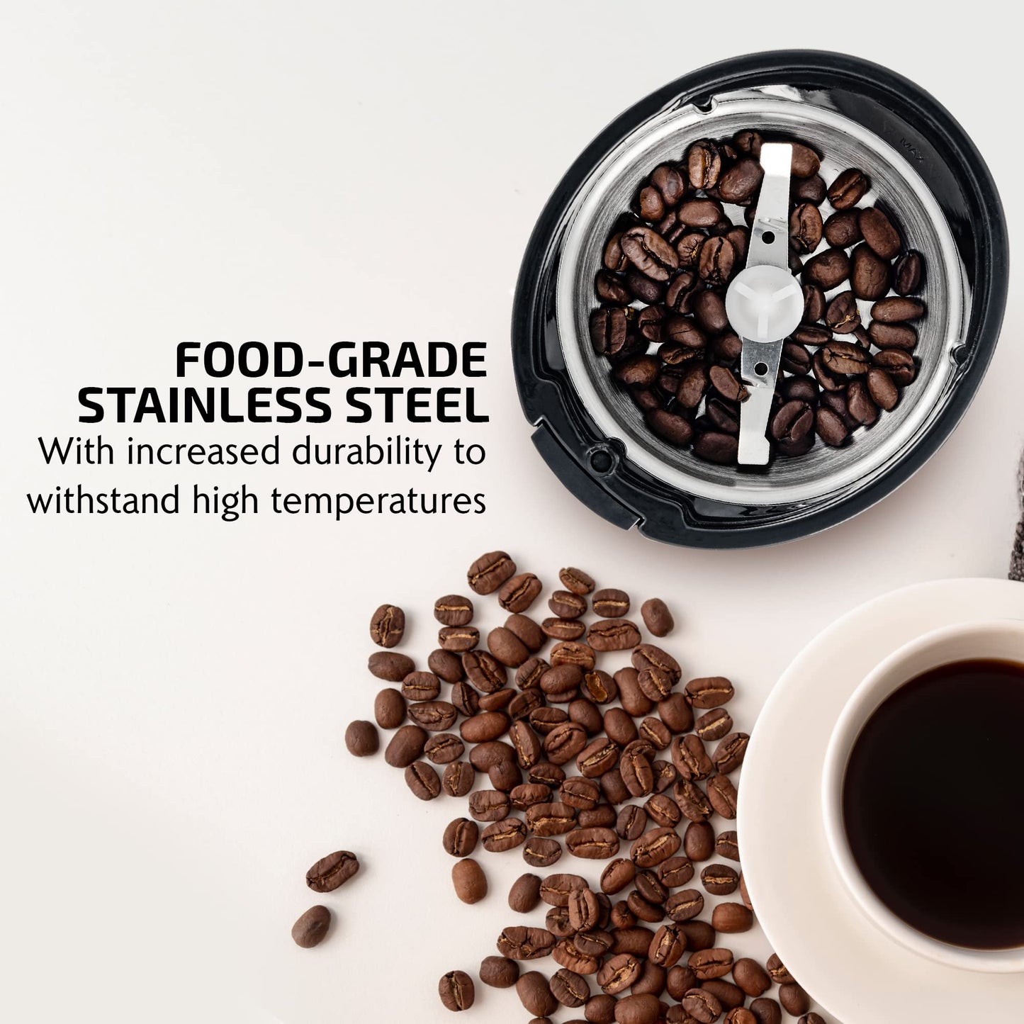 OVENTE Electric Coffee Grinder for Beans, Spices and More, 2.5Oz Compact Grinding Mill, Spice Grinder with Stainless Steel Blade, Pulse Button Operation and Transparent Easy to Open Lid, Black CG225B