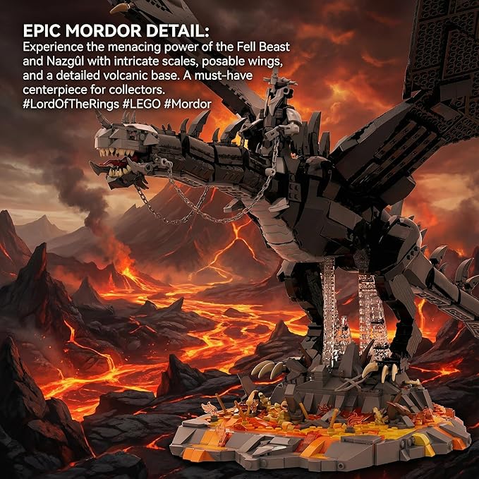 The Rings Dark Fantasy Giant Dragon with Witch King Figure Building Blocks Set - 80cm Large Scale Black Dragon with Lava Nest Base &amp Detailing for Adults 14+ (2199 Pieces)