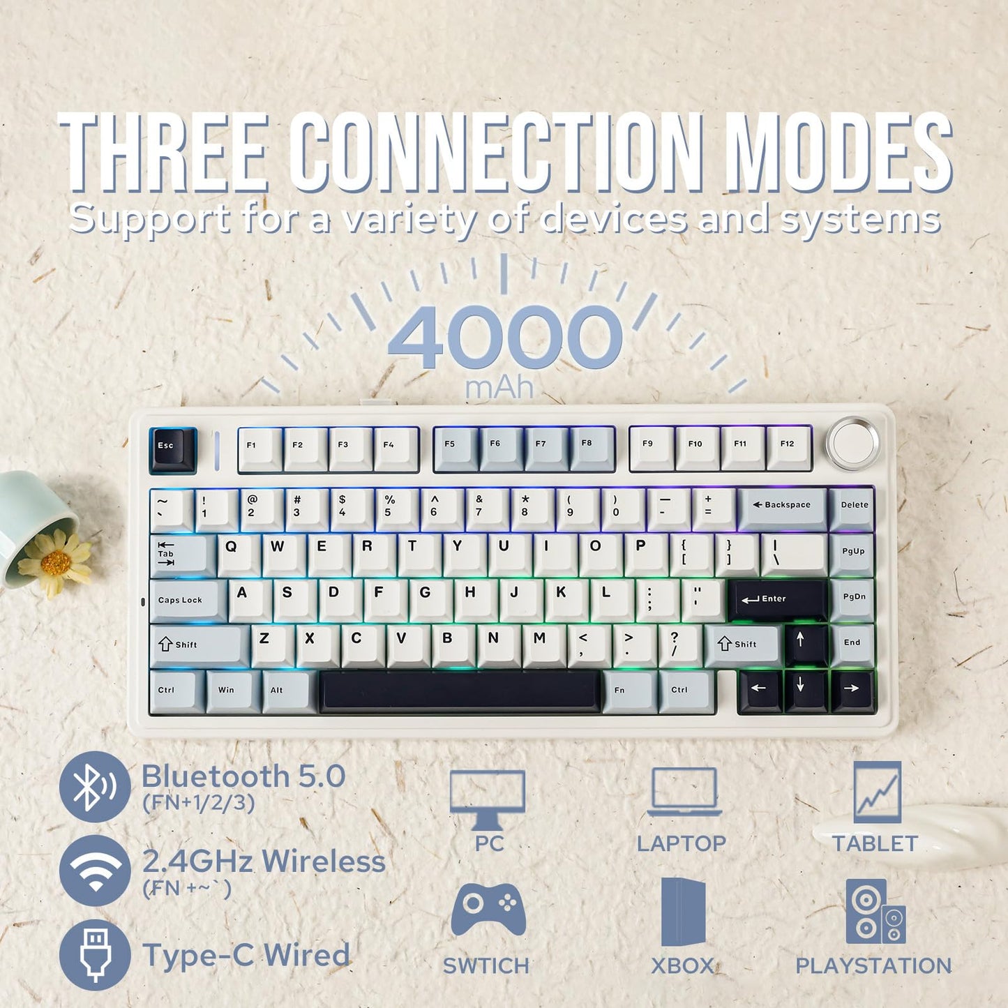 EPOMAKER x Aula F75 Gasket Mechanical Keyboard, 75% Wireless Hot Swappable Gaming Keyboard with Five-Layer Padding&Knob, Bluetooth/2.4GHz/USB-C, RGB (Light Blue, LEOBOG Reaper Switch)