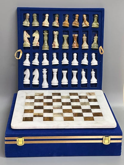 Large Handmade Full Chess Set Marble Chess Board 32 Chess Game Pieces Unique Home décor. Handcrafted Tournament Chess Board - 2 Players. (White Brown)