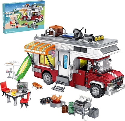 Camping Van Construction Toy 924 Pieces Building Block Set with Picnic Table Grill &amp Fire Scene Gift for Kids Teens &amp Vehicle Fans