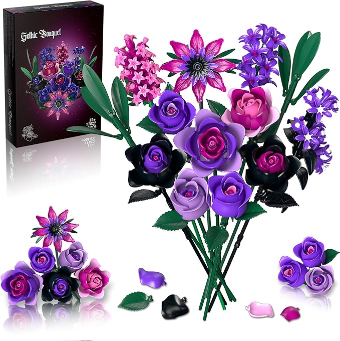 Purple Rose Bouquet Building Set: Compatible with Lego Flowers for Adults Women Gothic Artificial Botanical Collection Halloween Christmas Valentine's Gifts Home Decor