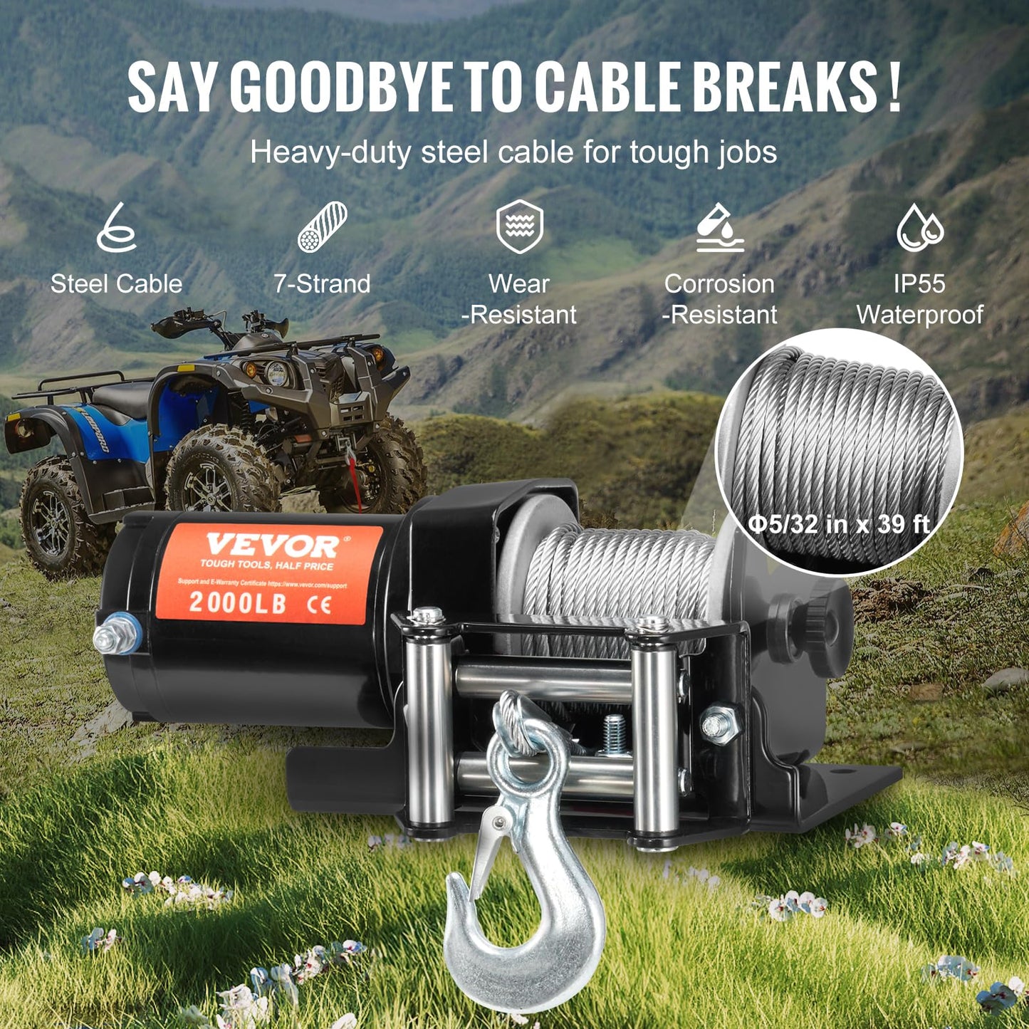 VEVOR ATV Winch, 2000 lb Electric Winch, 12V Small ATV UTV Winch with 5/32 in x 39 ft Steel Cable Roller Fairlead Wired Remote Control, IP55 Waterproof for Towing UTV ATV Car Vehicle Off-Road