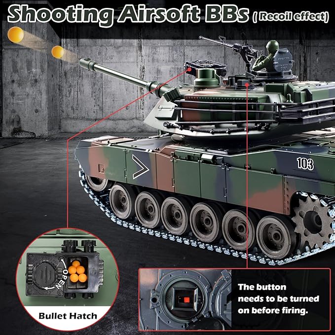1:18 RC Tank 2.4G US M1A2 Metal Alloy Metal US M26 Remote Control Tank That Shoot BBS Model Toys Army Toy with Smoke Lights Sound and RecoilMilitary RC Vehicle for Adults and Kids Age 6+