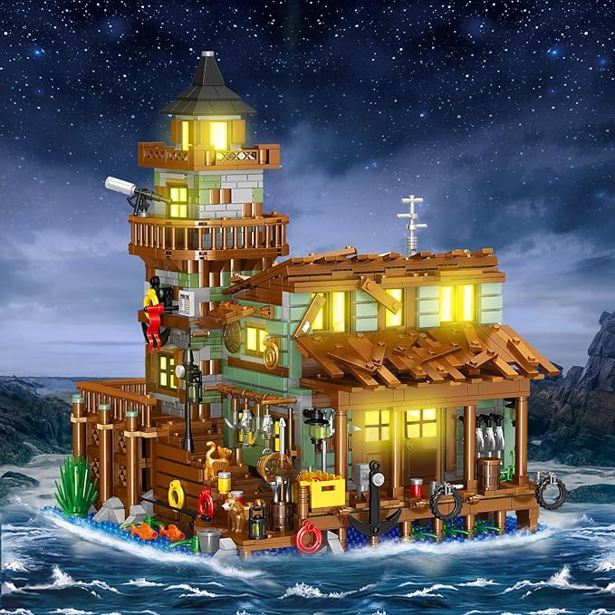Fishing Village Store House Building Set with LED Light 1881 PCS Wood Cabin Mini Building Block STEM Architecture Toys Kit Birthday Gift for Adults Ages 8-12+ Years（Not Compatible with Set ）