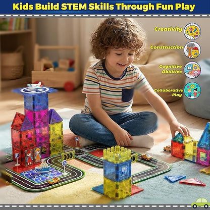 Magnetic Tiles121PCS Magnet Tiles Road Set with Pullback Cars for 3+ year old BoysMagnetic Toys for Kids Ages 4-8 with ShipAirplaneTraffic SignSTEM Classroom Educational Birthday Gifts Toys