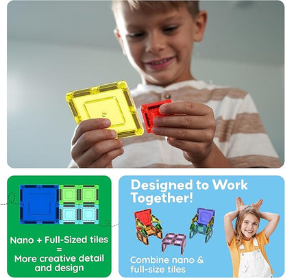 PicassoTiles 100PC Travel Nano Magnetic Tiles Construction Building Blocks Toy with Storage Case Educational STEM Learning Build Kit 3D Magnet Tile Stacking Block Toys for Kids Boys Girls Ages 3+ PN04