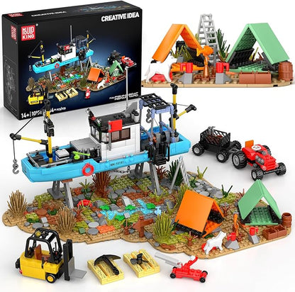 Mould King Seaside City Fishing Boat Building Set Creative Repair Yard with Ship Forklift and Camp DIY Construction Model Kit Idea Gift for Adults &amp Teens 14+ (1234PCS)
