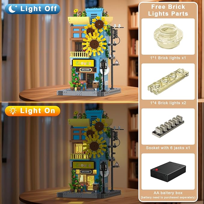 Sunflower House Building Set with LED Light 3-Story Japanese Street View House Blocks 1580PCS Creator Architecture Model Building Kit Home Office Decor Gift for Adults