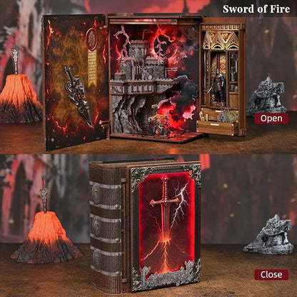 Book Nook Kit - DIY Miniature House Kit for Adults Teens Dollhouse Magic Booknook Tiny House Bookshelf Decor Gifts for Family Friends (Sword of Fire)