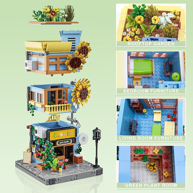 Sunflower House Building Set with LED Light 3-Story Japanese Street View House Blocks 1580PCS Creator Architecture Model Building Kit Home Office Decor Gift for Adults