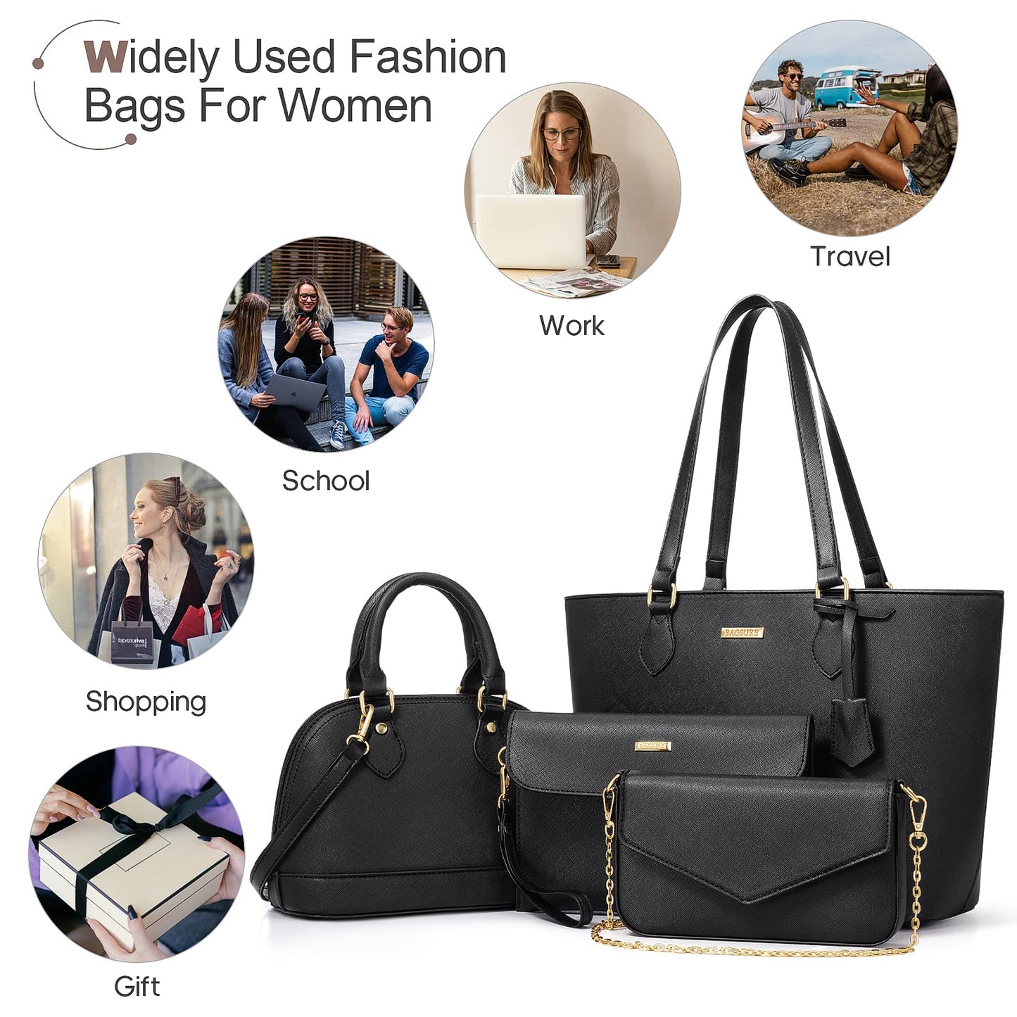 4PCS Women Fashion Handbags Purses Wallet Shoulder Bags Casual Tote Bag Crossbody Bags, Handbag Set Gift for Ladies Girls, Satchel Purse Set for Women