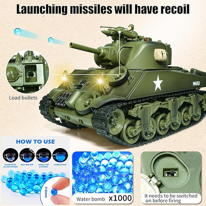 M4A3 Sherman US Army Tank 1/18 RTR RC Armored Fighting Vehicle Airsoft BB Battle Water Bomb Shot Smoke Sound Light Recoil 2.4Ghz Vibration Controller WWII Military Model Classic Panzer Display