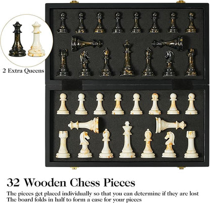 15 Large Chess Set for Adults with Extra 2 Queens Weighted Acrylic Pieces-3.5 King w/Leather Base Portable Folding Marbling Wooden Chess Board - Travel/Family Game &amp Elegant Gift