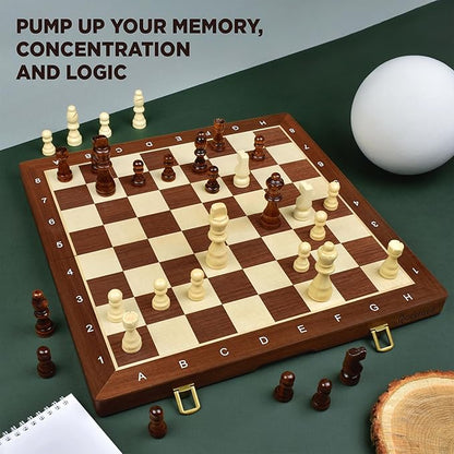 2 in 1 Magnetic Chess Set &amp Checkers Board Game for Adults and Kids - 15 Chess Tournament Chessboard with Magnetic Pieces - Free E-Book with Chess Puzzles