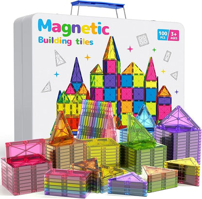100Pcs Premium Magnetic Tiles Toys Set with Sturdy Iron Case STEM Educational Building Blocks for Kids Ages 3-5 4-8 Montessori Sensory Toys Creative Birthday Gifts for Toddler Boys &amp Girls
