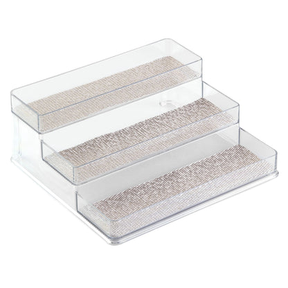 iDesign Twillo Plastic Stadium Spice Rack, 3-Tier Organizer for Kitchen Pantry, Cabinet, Countertops, Vanity, Office, Craft Room, 9.2" x 10" x 4", Metallico and Clear