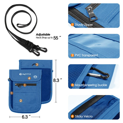 OMYSTYLE Neck Wallet, RFID Passport Holder for Travel, Adjustable Neck Strap, Waterproof Neck Pouch for Men & Women to Keep Cash, Credit Cards and Documents Safe, Blue (8x6)