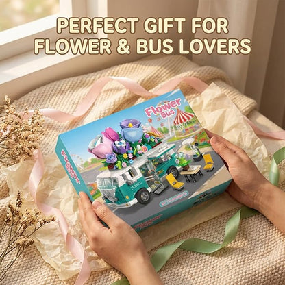 Flower Camper Van Building Set 862 Piece Botanical Travel Bus with Opening Side Cabin Outdoor Table Chairs Creative Gift for Teens Adults Home Decor STEM Educational Assembly Building