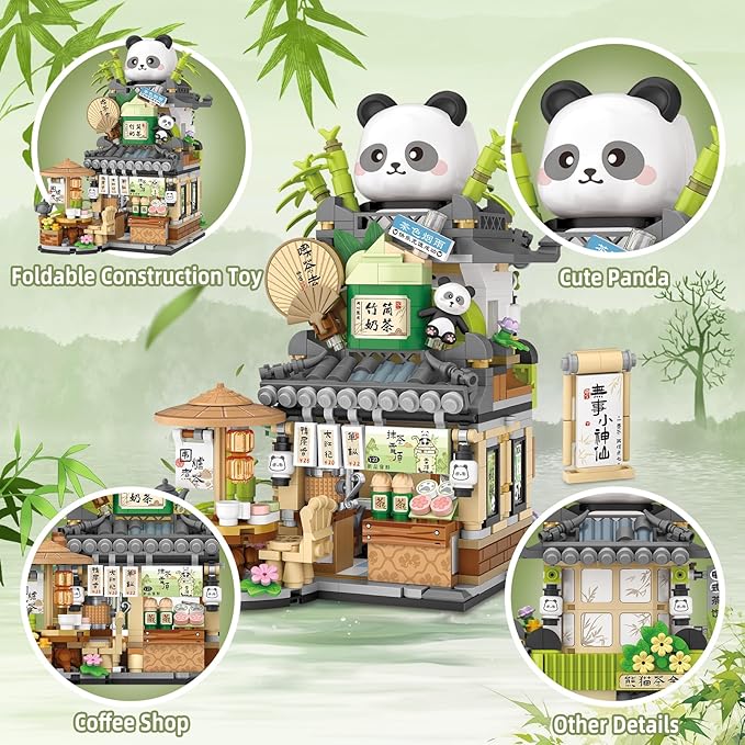 Street View Tea Shop Mini Building Blocks MOC Creative Building Toys Cute Panda Animals Building Set for Girls 6-12 Simulation Architecture Construction Toy Gift Idea for Kids Adults (860PCS)