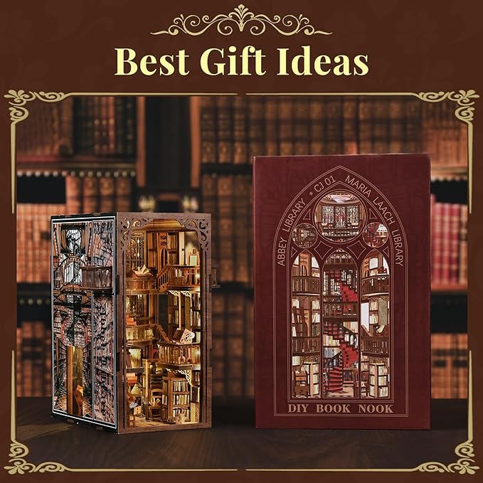 DIY Book Nook Kit - 3D Miniature Wooden Scene with LED Lights Dustcover &amp Tools for Shelf Decor (Abbey Library)