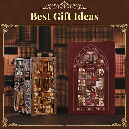 Book Nook Library Kit DIY Miniature Dollhouse Booknook Kit 3D Wooden Puzzle Bookend Bookshelf with LED Light for Adults Teens (Abbey Library)