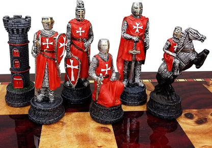 Medieval Times Crusades RED &amp Blue Maltese Knight Set of Chess Men Pieces Hand Painted - NO Board