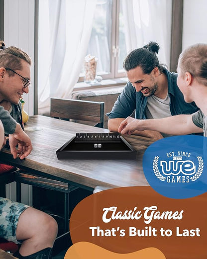 WE Games Wooden Shut The Box - Close The Box Set Pub Game with 12 Number Tiles &amp 2 Dice Games - 13.5” Black Stained Finish for Adults