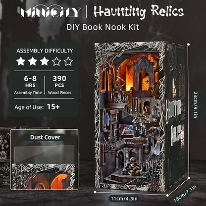 Book Nook Kit with LED Light DIY Miniature Dollhouse Booknook Kit Creepy Scary 3D Wooden Puzzle Bookshelf Insert Decor for Stress Relief Craft for Book Lovers &amp Adult (Haunting Relics)