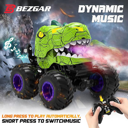 BEZGAR Monster Truck Toys - Remote Control Monster Truck with Spray Light Music Dinosaur Toys for Kids 1:20 Scale RC Truck with 360° Spins and Drifting Remote Control Car for Boys 4-7 Green