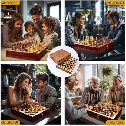 AMEROUS 17 inches Wooden Chess Set with High Polymer Weighted Chess Pieces / 2 Built-in Storage Drawers / 2 Extra Queens / 3.75'' King Classic Board Game
