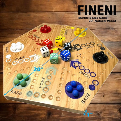 Wooden Board Games Marble Board Game Original with Dual Sides Fast Track Games for 2 to 6 Players Double Side Marble Boards 6 Colors 30 Marbles and 6 Color 6 Dice Pouch (20 Log)