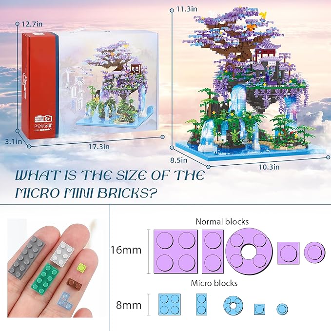 Chinese Moon Palace Pavilion Building Blocks Set - Micro Miniature Bonsai Tree House with String Lights and Flowers for Adults Teens 14+ (4574 Pieces)