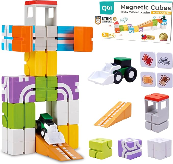 QBI Magnetic Blocks for Toddlers Ages 3+ | STEM Magnetic Block Tracks with Wheel Bulldozer &amp Tiles | 3D Colorful Magnet Building Blocks for Boys &amp Girls | Early Learning Sensory Toy – 21 Piece