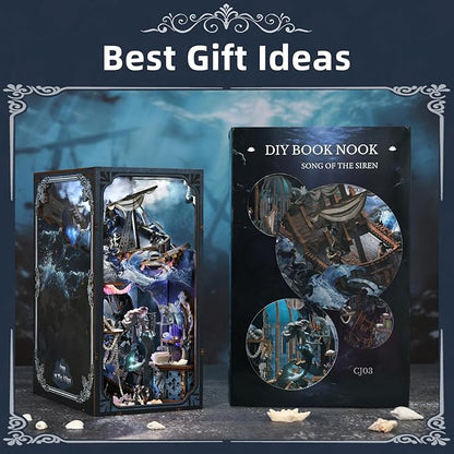 Book Nook Kit DIY Doll House Booknook Miniature Kit for Bookshelf Doll Houses for Adults Teen Halloween 3D Wooden Puzzle Bookends with Led Light and Dust Cover (Sirens Song)