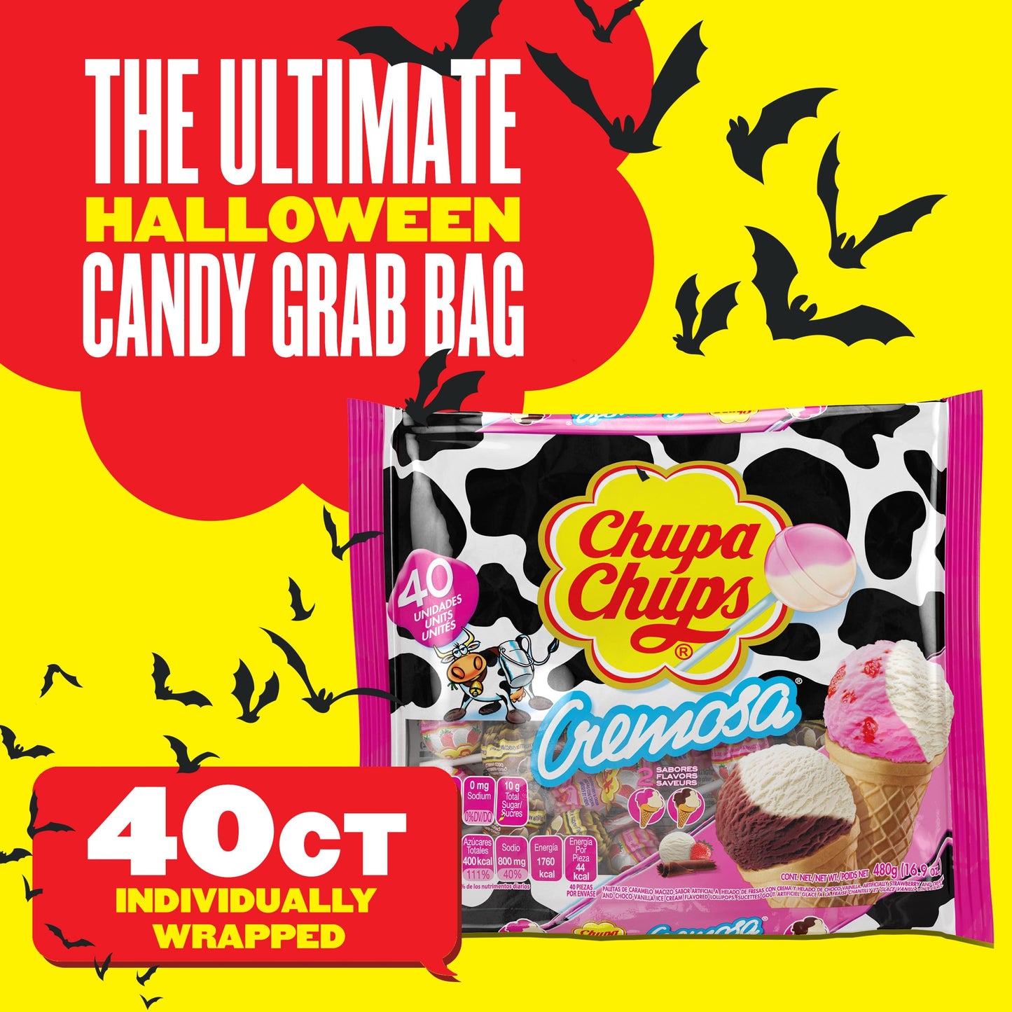 Chupa Chups Cremosa Lollipop Assortment, 2 Ice Cream Flavors, Individually Wrapped Candy for Kids, 16.9 Oz Bag (40 Suckers)