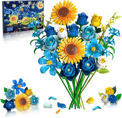 Blue Rose Sunflower Building Block Set - Compatible with Lego Flowers Adults Women Gothic Artificial Botanical Collection Van Gogh Starry Night Christmas Valentine's Gifts Home Decor