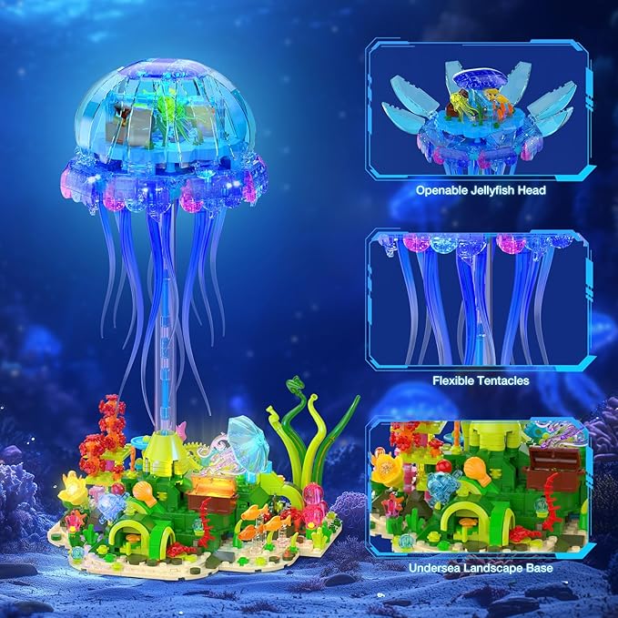 Jellyfish Building Set with LED Lights Floating Jellyfish Lamp for Home Decor Ocean Animal Collection Model with Coral &amp Seaweed Creative Display Gift for Adults Teens 14+
