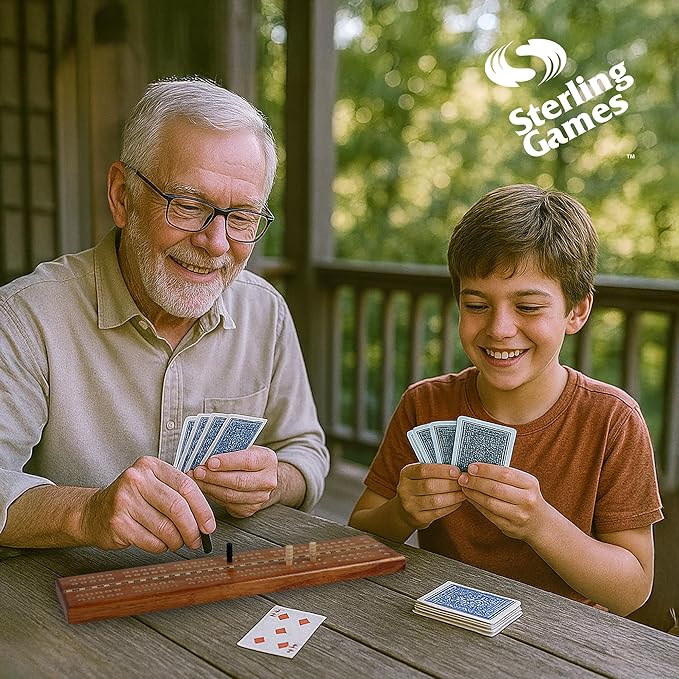 Sterling Games Extra Large Extra Long Cribbage 16 Wooden Game Board 2 Persons Double Track Board with 1/4 Holes and Italian Inlaid Large Wooden Pegs Great for Seniors and Children