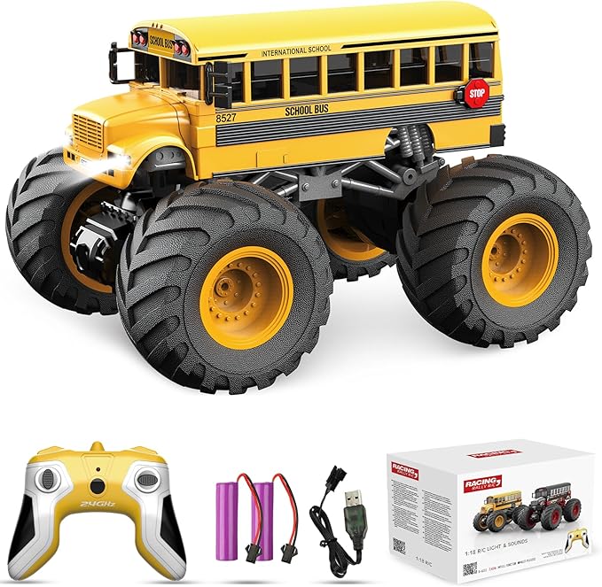 Remote Control Car RC School Bus for Kids RC Monster Truck Toy 2.4GHz 1:18 Scale Model Vehicle with LED Lights Sounds Racing Sport Toy Car for Adults Boys Girls Kids Gift 2Pcs Batteries