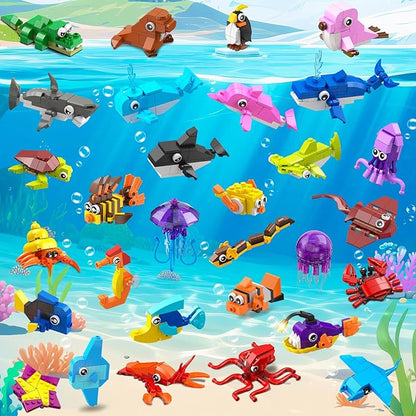 30 Pack Animals Easter Party Favors For Kids 824PCS Marine Animal Building Block Sets for Easter Basket Fillers Goodie Bags Stuffer Classroom Prizes Stocking Stuffers Birthday Gifts for Boys Girls 6+