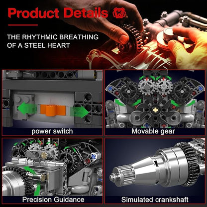 Sosuy RR V12 Motorized Engine Building Block Kit Electric Motor Drive Ultra‑Realistic Working Replica Model 733Pcs STEM Educational Engines Toy Birthday Christmas for Boy Kid Adult 14+