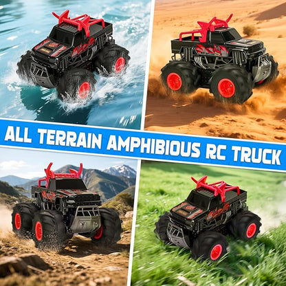 1:16 Waterproof Monster Truck Toys RC Cars 2.4GHz Remote Control Truck for Kids Boy Ages 89101112 Years Old 4WD All Terrain Off-Road with LED Lights RC Boat for Boy Girl Birthday Gift - Red