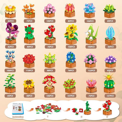 24 Pack Flowers Succulents Building Set - 2160PCS Botanical Collection 3.6MM Mini Flower Kit for Home Office Décor Plant Blocks Toy Easter Party Favors Gifts for Adults Women Kid 10+
