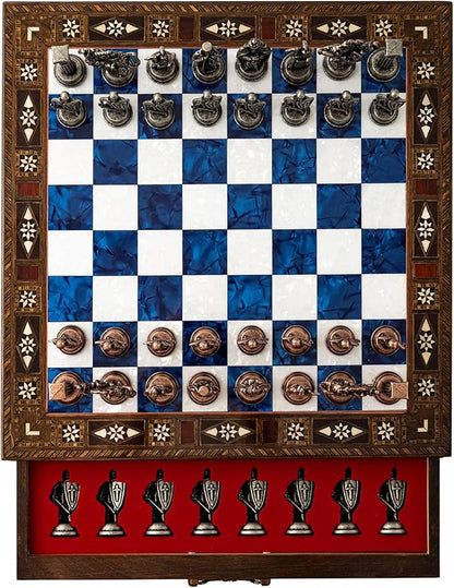 15” Handmade Wooden Storage Chess Set – Handmade Wooden Chess Board with Metal Pieces – Luxury Chess Gift for Adults Decorative &amp Collectible (Blue)