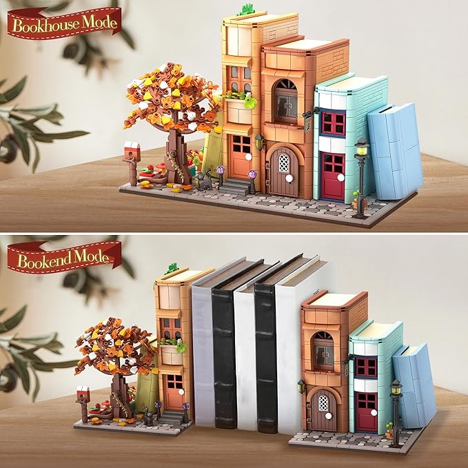 Bookends Building Set for Adult Home Bookshelf Insert Decoration Building Bookcase Miniature House Model Building for Adults 1488pcs