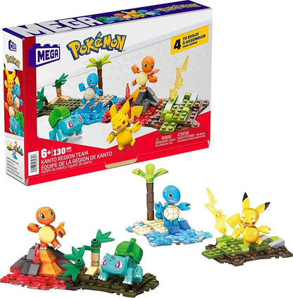 MEGA Pokémon Building Toys Set Kanto Region Team with 130 Pieces 4 Poseable and Articulated Characters 2 Inches Tall for Kids