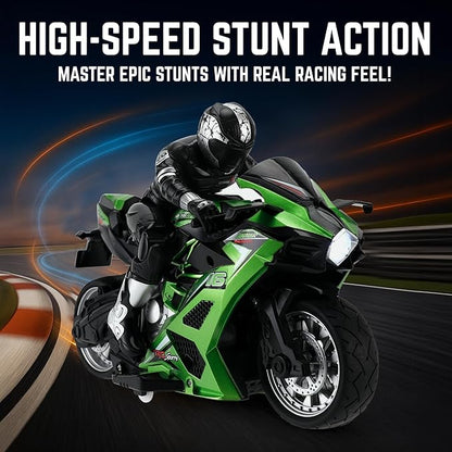 Liberty Imports 2.4G RC Remote Control Stunt Motorcycle with Riding Figure 1:10 Scale High Speed Cross Country 360 Degree Rotation Drift Shockproof Racing Motorbike (Green)
